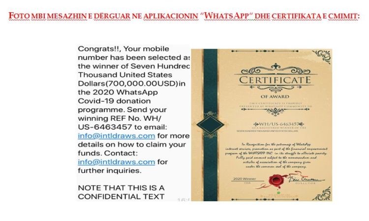 “NUMRI JUAJ ËSHTË PËRZGJEDHUR SI FITUES!”/ POLICIA E SHTETIT PARALAJMËRON: KUJDES! PO JU MASHTROJNË ME MESAZHE NË WHATSAPP