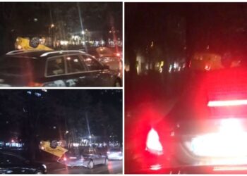 Aksidenti i pazakontë në Tiranë. Taksia përmbyset në mes të rrugës