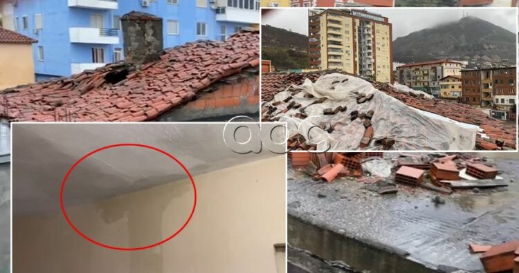 Moti i keq në vend/ Shiu dëmton çatinë e një pallati në Lezhë