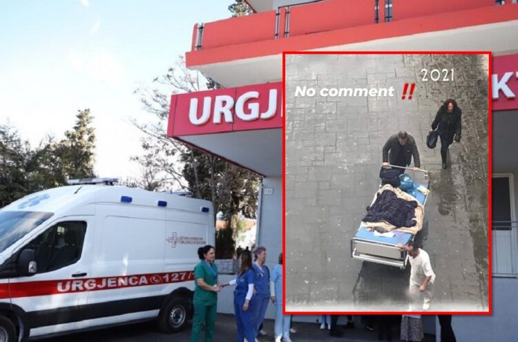 Në gjendje të rëndë pacienti  nxirret në oborr në mes të shiut, te spitali ‘Nënë Tereza’.  Bashkë me krevatin dërgohet te skaneri