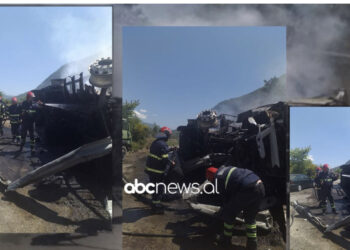 Del nga rruga e përfshihet nga flakët kamioni në aksin Gjirokastër-Tepelenë